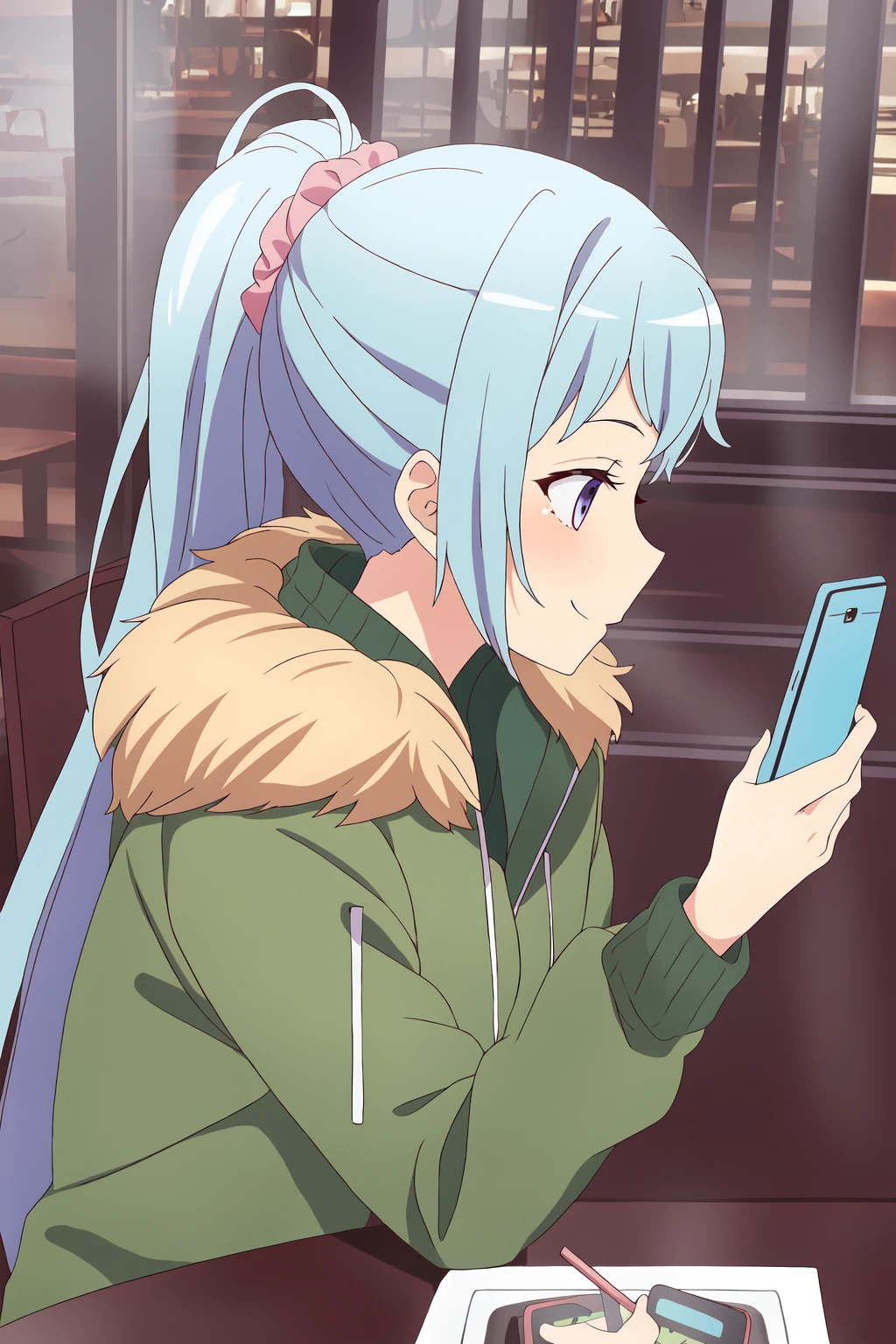 ((best quality)),((highly detailed)),masterpiece,absurdres,detailed face,beautiful face,(detailed eyes, deep eyes),(1girl),((dynamic pose)), 1girl, solo, <lora:SakiV1.4:0.6>,saki, 1girl, long hair, blue hair, ponytail, purple eyes, solo, drinking straw, scrunchie, smile, green jacket, very long hair, cup, from side, drink, profile, long sleeves, closed mouth, hair scrunchie, hair ornament, jacket, indoors, upper body, sitting, bangs, restaurant, sidelocks, holding, table, high ponytail, phone, chair, cellphone, solo focus, smartphone, drinking glass, ice, alternate hairstyle, alternate costume, light blue hair