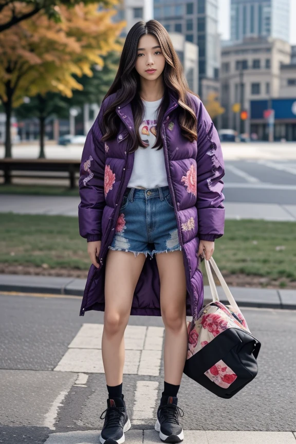 1woman, long hair, realistic, masterpiece, high detailed skin, looking at viewer, outdoor view, solo, full body shot
<lora:Floral_Jacket_Shorts_By_Stable_Yogi:0.7> purple floral print, oversized puffer jacket, denim shorts