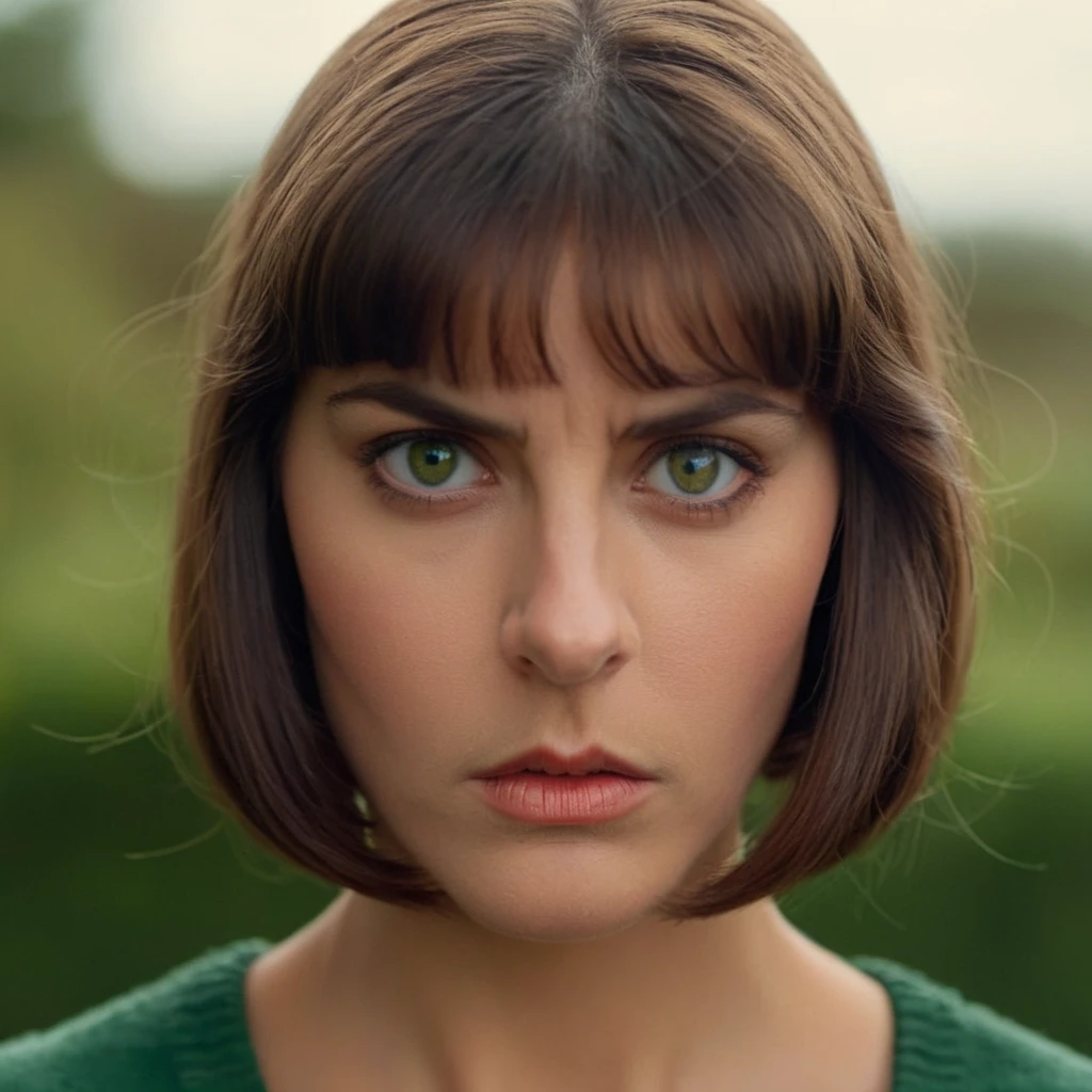 cinematic film still of  <lora:Marie John North v3:1.2>
Marie John North a medium shot of a 1970's green eyes woman with a brown Pageboy hair cut with a serious look on her face staring at camera in angry facial expression with solid background , shallow depth of field, vignette, highly detailed, high budget, bokeh, cinemascope, moody, epic, gorgeous, film grain, grainy