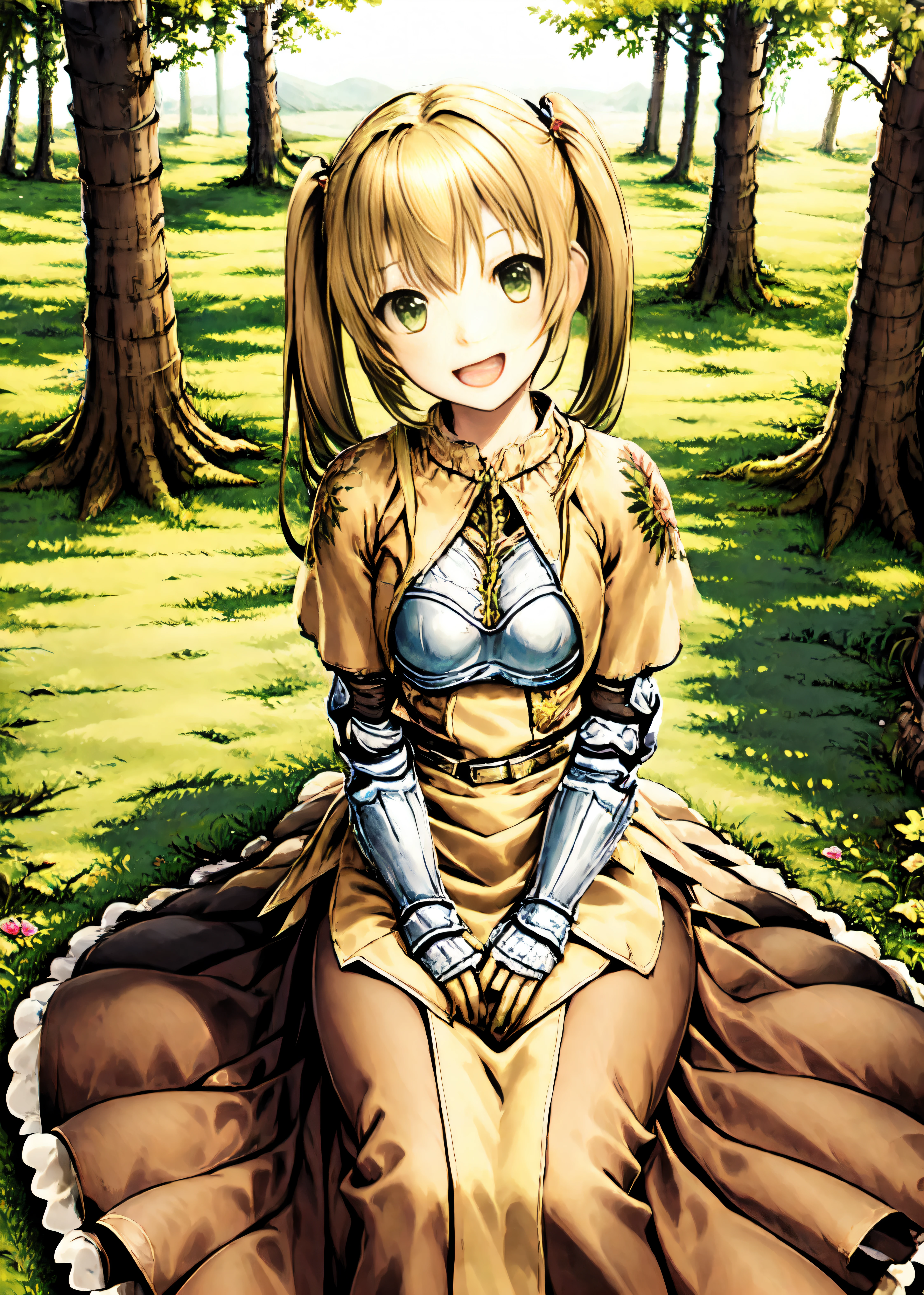 swdro, armor, yellow skirt, brown dress, flora print, rose print, armored dress, boots,
looking at viewer, 1girl,
twintails, green eyes, blonde hair,
sitting, sitting on floor, smile, open mouth, happy, on grass, from above,
forest, tree, lakeside, flower,
<lora:swordsmanRO_V2.18:0.74>,