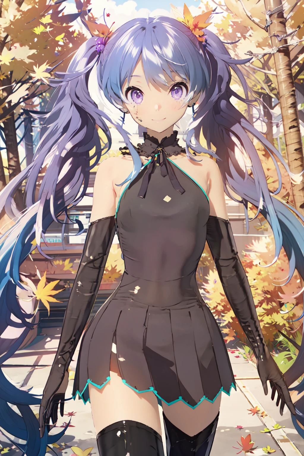 1girl,solo,full body,looking at viewer,long hair,(black dress:1.3),<lora:GhostRule_v1.1:1>,neck ribbon,elbow gloves,black gloves,black thighhighs,purple eyes,(autumn maple forest:1.3),(very few fallen leaves),(path),maple leaf,smile,walking,twintails,, masterpiece,best quality,highres,ultra high res,(abstract art:1.2),2d,(highlydetailed),(colorful),(intenseexpression),(fashionable),