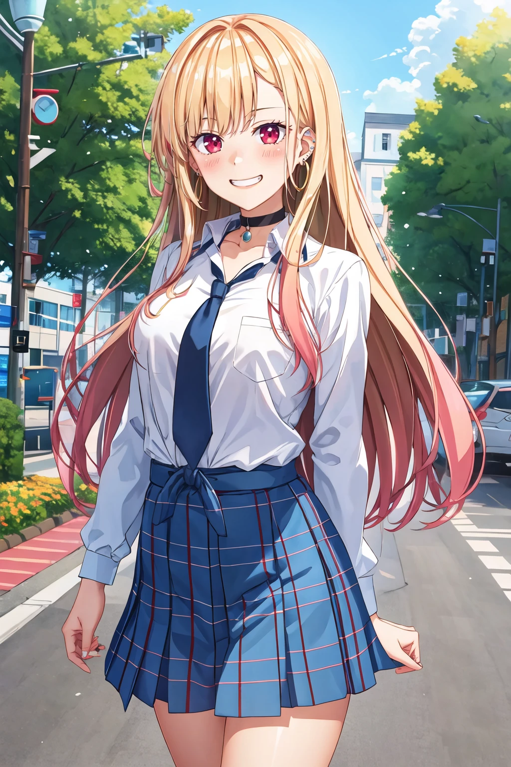 masterpiece, best quality, highres, kitagawa marin, 1girl, blonde hair, long hair, multicolored hair, red eyes, jewelry, earrings, piercing, school uniform, white shirt, tied shirt, black choker, blue necktie, plaid skirt, <lora:kitagawa_marin_v1-1:0.7>, grin, smile, standing, cowboy shot, outdoors, <lora:Hinata-nao_912704:1>