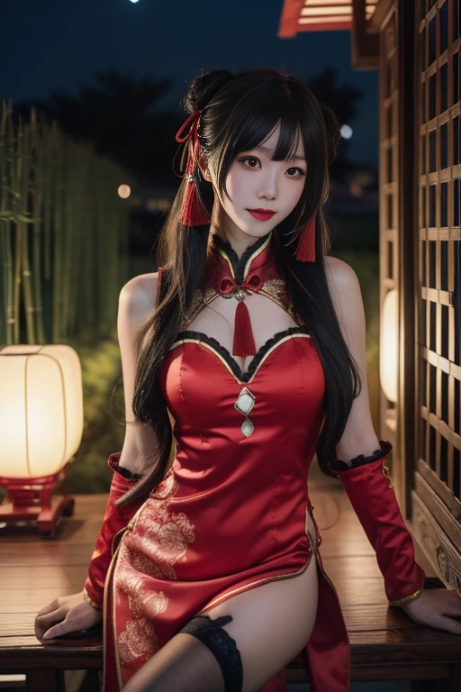 ltra-detailed,highly detailed,best quality,masterpiece,illustration,realistic,photorealistic,
tokisaki kurumi,qipao,
1girl, solo, cosplay,
looking at viewer, cowboy shot, sitting,
outdoors, night, bamboo, east asian architecture, courtyard,
<lora:tokisaki kurumi qipao_v7_03:0.7>