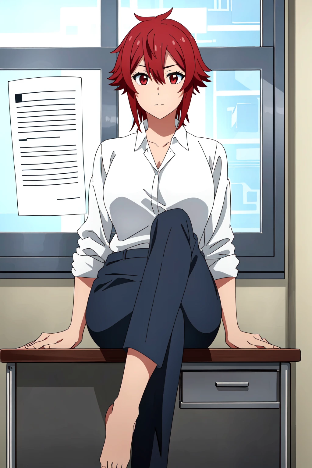 ((best quality)),((highly detailed)),masterpiece,absurdres,detailed face,beautiful face,(detailed eyes, deep eyes),1girl,((dynamic pose)), <lora:TomoV1:0.6>, Tomo, red hair, red eyes, short hair, hair between eyes, bangs, breasts, large breasts, office setting, business attire (business suit), seated with feet up on desk, professional surroundings, confident posture, sophisticated ambiance, paperwork neatly organized, calm and composed expression, detailed outfit, executive aura,
