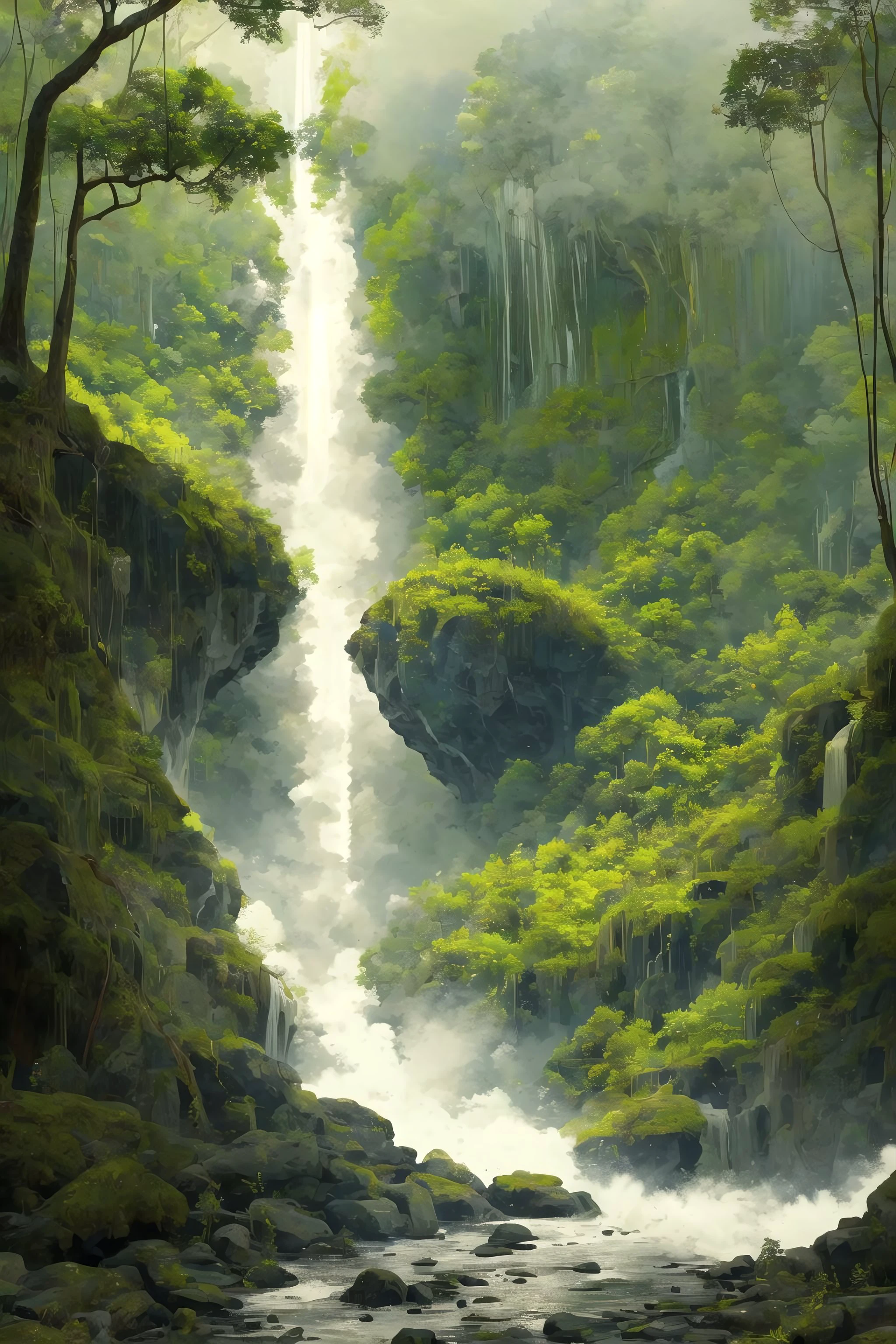 a tall waterfall in the jungle, mist, spray, (no humans:1.9), <lora:CloudJourney:1.0>