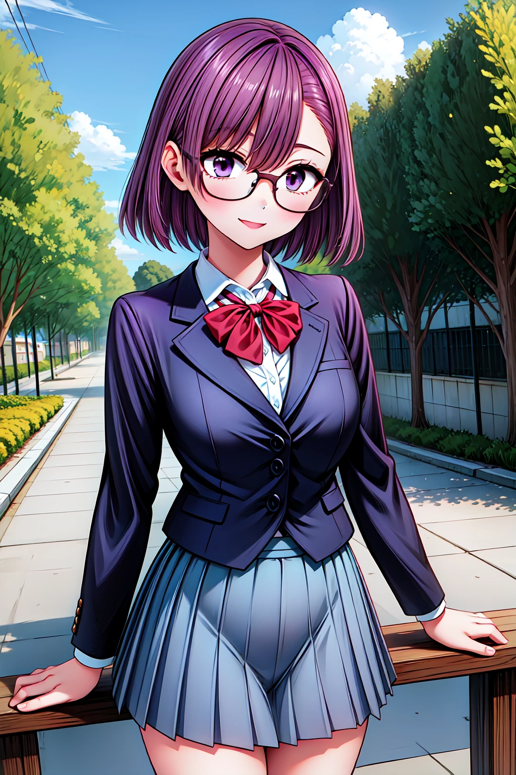 1girl, cowboy shot, outdoors, smile, glasses,
nitengojigen_ririsa, purple eyes, purple hair, short hair, bangs, blazer, pleated skirt, <lora:Nitengojigen_ririsa_lora_ver1:0.7>, best quality, masterpiece, highres, <lora:GoodHands-vanilla:1>