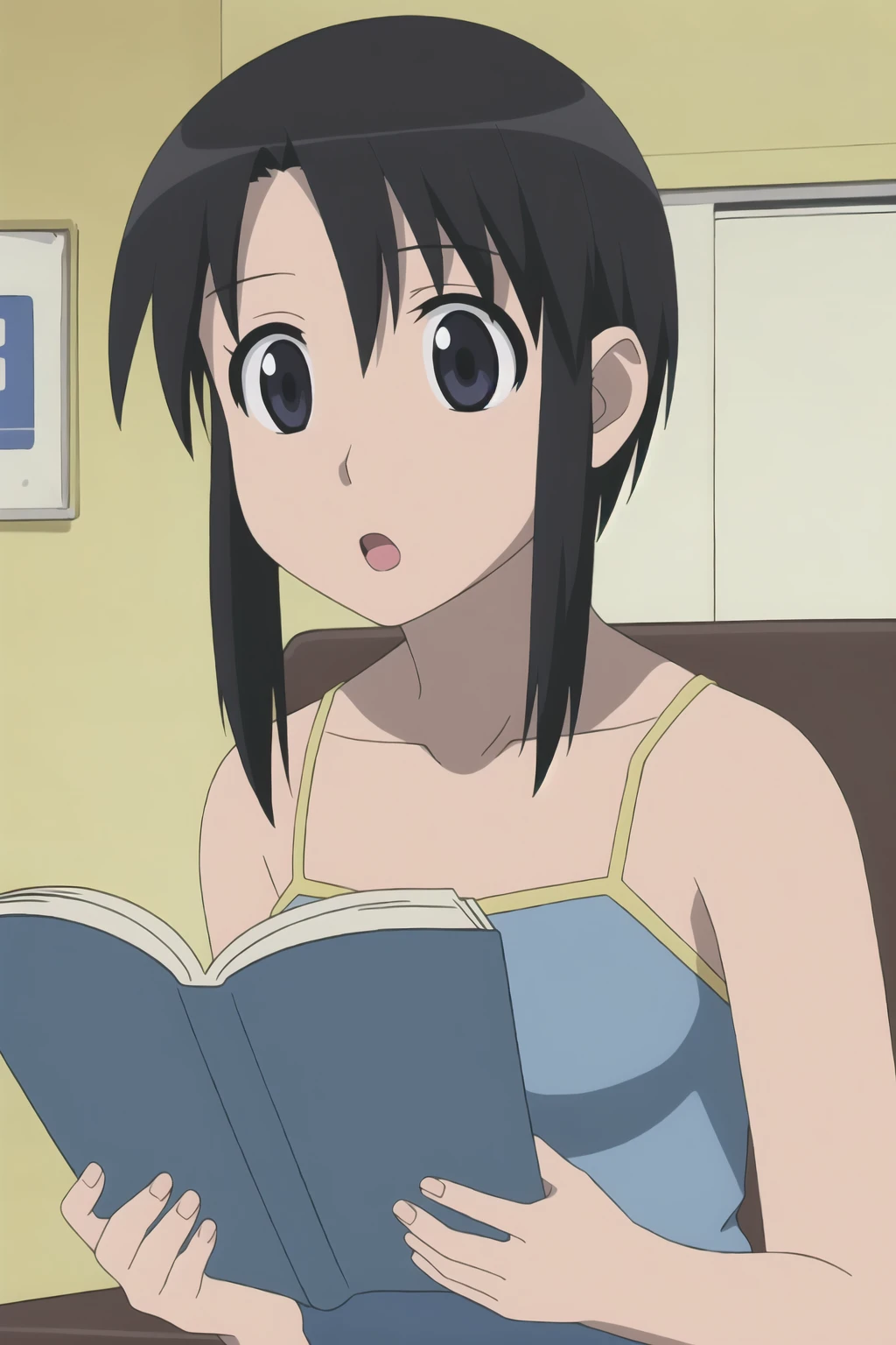 ((best quality)),((highly detailed)),masterpiece,absurdres,detailed face,beautiful face,(detailed eyes, deep eyes),(1girl),((dynamic pose)), <lora:MinamoV1:0.6>, Minamo, 1girl, solo, black hair, black eyes, camisole, short hair, open mouth, bare shoulders, holding, upper body, :o, sidelocks, collarbone, holding, book, indoors, sitting,