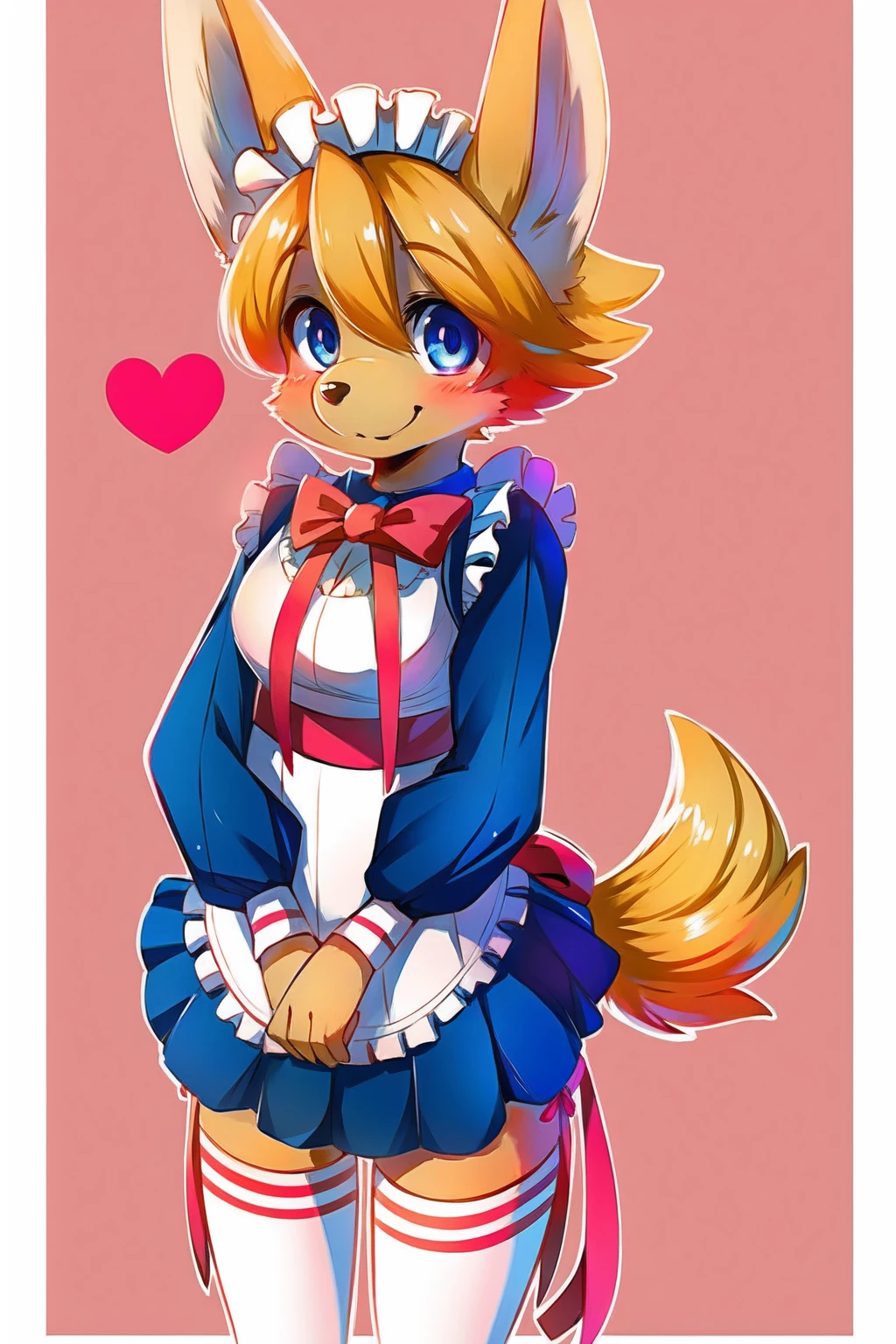 floSR, 1girl, solo, kemono, detailed fur, (yellow fur:.7), (from front, straight-on:1.3), white outline, looking at viewer, standing, hands between legs, hands together, dog girl, furry female, smile, blue eyes, (detailed eyes:1.2), animal ears, full body, medium breasts, animal nose, tail, blonde hair, short hair, maid, maid headdress, maid apron, thighhighs, leg ribbon, zettai ryouiki, frills, red bow, ribbon, puffy sleeves, simple background, pink background, heart, white border <lora:floSR:.9>