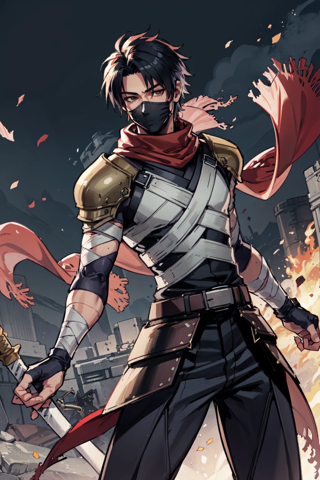 (1boy, solo), <lora:assassin-ro:0.5>, shoulder armor, gloves, armor, ninja mask:1, pauldrons, bandages, fingerless gloves, skin tight, assassin-ro, swords, ragnarok online:1, <lora:age_slider_v2:1.7>, mature male, scarf, dynamic pose