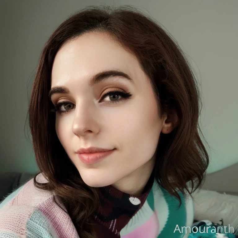 <lora:amouranth_sd15_768_512_256_v2-000012:1>amouranth,1girl,solo,looking at viewer, wearing a turtleneck sweater, portrait picture, face closeup