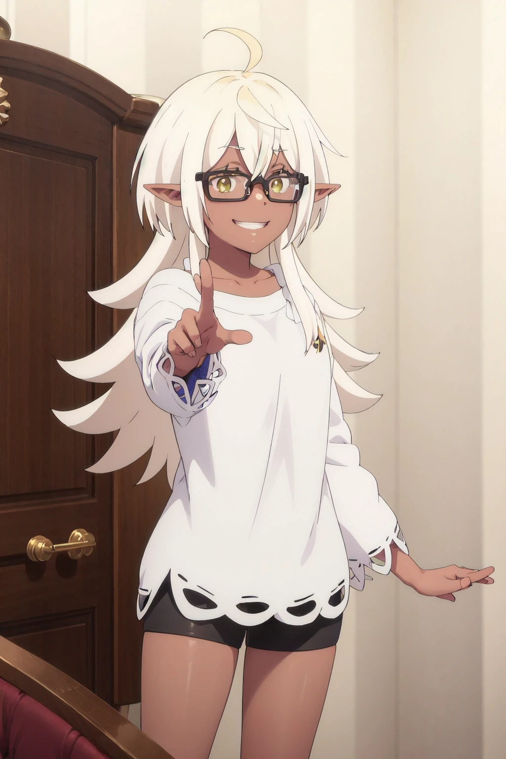 <lora:ikenaiDorothea:1>, ikenaidorotea,pointy_ears,shorts,shirt,grin,arm_grab,glasses,