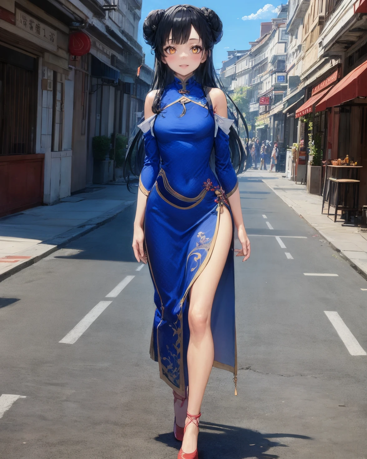 (best quality, masterpiece:1.2), illustration, absurdres,
(1girl, solo, beautiful detailed girl), full body,
<lora:Ashen:0.9>, Ashen Lu, orange eyes, black hair, long hair, braided buns, small breasts,
chinese clothes, china dress, blue dress, red shoes, red ribbons,
chinese architecture, chinese theme, outdoor, street, sky, buildings
looking at viewer, happy,