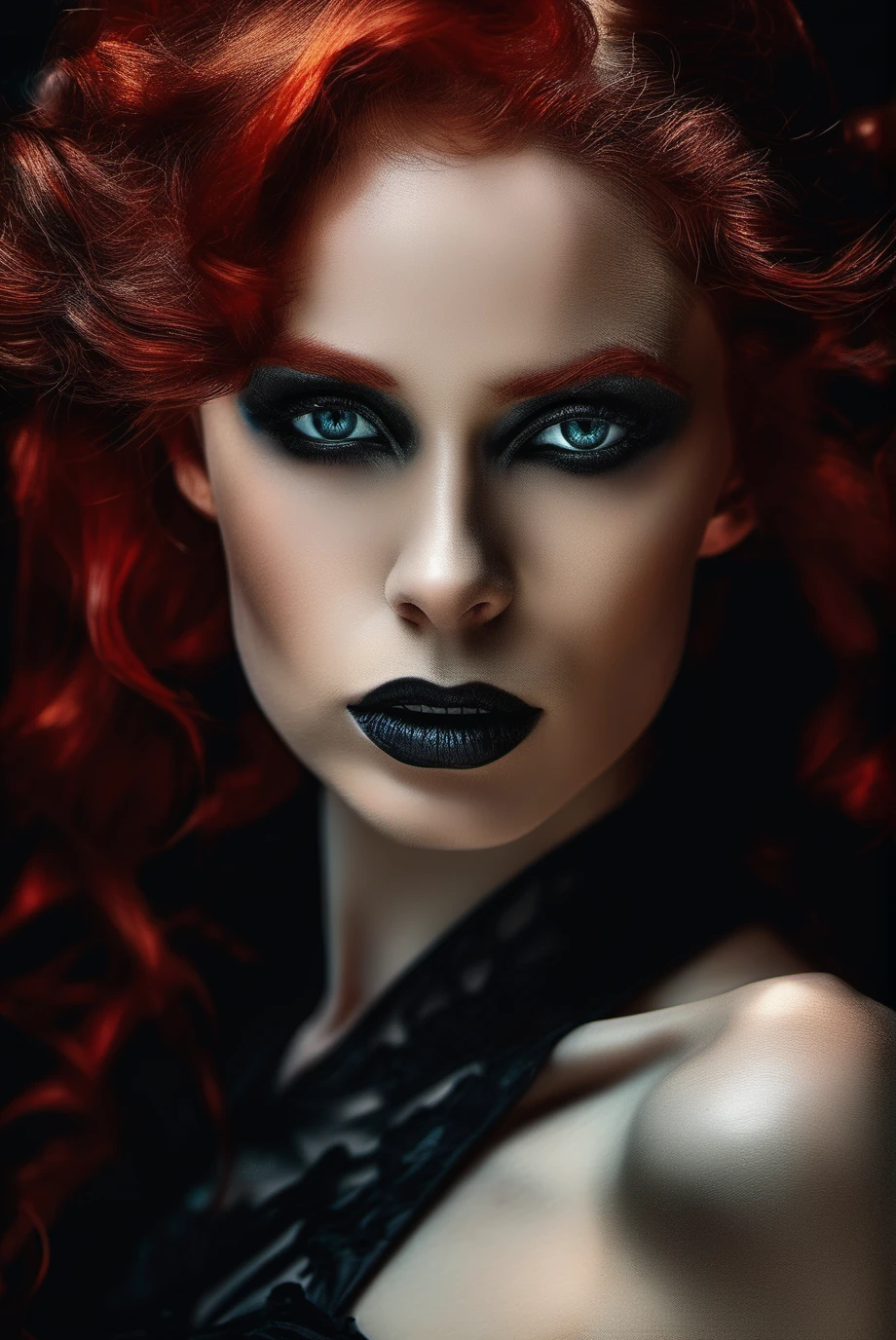 A captivating vampire woman, adorned in alluring red eyes and bright lipstick, entices with vermillion nails on her fingers. Her seductive allure is emphasized by the apparent canine teeth, hinting at her otherworldly nature. The scent of mystery surrounds her, as she invites you into her enchanting embrace. The darkness envelops her, adding to the intrigue, with every detail hyper-realistically brought to life, making this image an entrancing and seductive masterpiece. (Vampire woman:1.1), (Red eyes:1.3), (Bright lipstick:1.2), (Red nails:1.4),