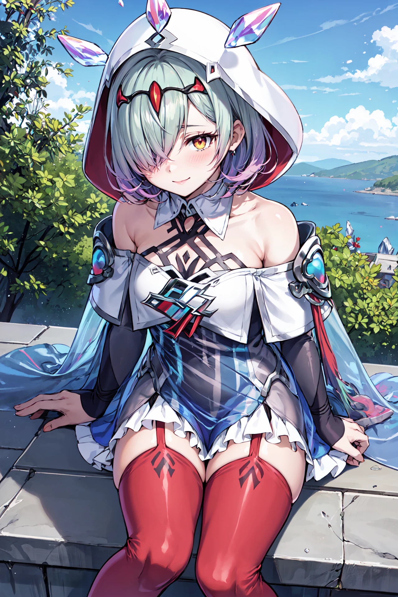 (upper body:1.2),sitting,smile,blush,<lora:kvasirV1:0.9>,def_kvasir,  hair over one eye,red thighhighs,white frilled skirt, blue dress,  red thigh boots, bare shoulders,dress, floating object, hood, garter straps,  wide sleeves,cloak, bridal gauntlets, gradient clothes, long sleeves, detached sleeves, short dress, gem, gloves,detached collar, thighs, multicolored clothes, zettai ryouiki, cape, see-through, outdoors,sun,(masterpiece, best quality, ultra-detailed, best shadow)