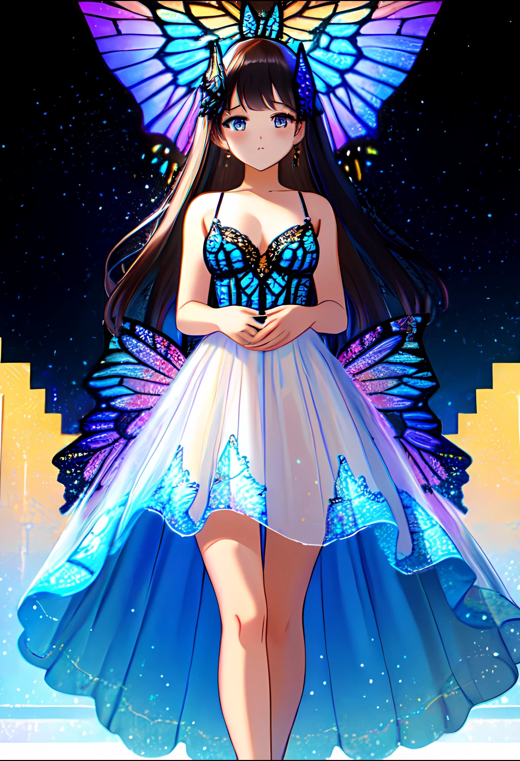solo, girl, looking at viewer, half body, view from knees up, standing, standing straight, girl in full view, best quality, masterpiece, close up, small breasts, galaxy, butterfly, corset, dress, long dress, gown, hands behind back, hands hidden, <lora:Butterfly_clothing:2>