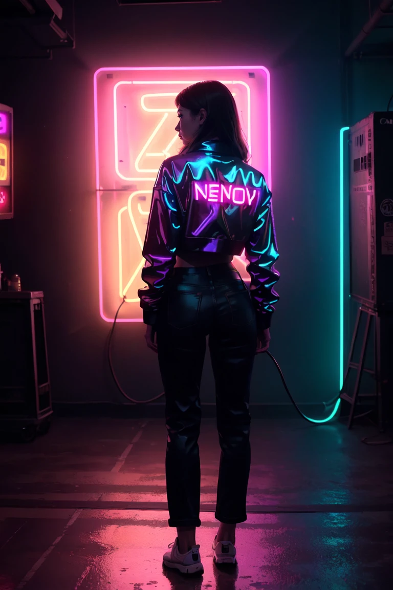 nvinkpunk, (masterpiece, best illustration, extreme light and shadow), fashion portrait, color photograph, woman, shirt, pants, neon lights, lustrous skin, (shine), (shiny skin), ray tracing, trule of thirds, highly detailed, fine detail, Vantage point, 4 point perspective, LUT like a movie, depth of field, (side-lighting, specular highlights, specular reflection, tone mapping, Canon EOS MARK IV, realistic), (volumetric lighting), (rembrandt lighting, back-lighting, studio lighting, neon lighting), (detailed eyes), perfect anatomy, Floating, dynamic angle, wide shot, full body, outdoors, street view, city scape, extreme light and shadow, night sky, ultra sharp,