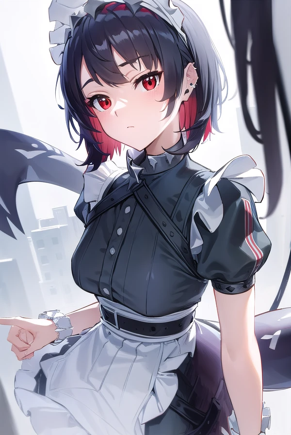 ellenjoe, <lora:ellen joe-lora-nochekaiser:1>,
ellen joe, black hair, colored inner hair, multicolored hair, (red eyes:1.3), red hair, short hair, two-tone hair,
BREAK bapron, black pantyhose, black shirt, black skirt, ear piercing, fins, fish tail, maid, maid apron, maid headdress, pantyhose, piercing, puffy short sleeves, puffy sleeves, shark girl, shark tail, shirt, short sleeves, skirt, tail, two-tone hair, wrist cuffs,
BREAK outdoors, city, sky, clouds, sun, buildings, crowd, people, alley,
BREAK looking at viewer, (cowboy shot:1.5),
BREAK <lyco:GoodHands-beta2:1>, (masterpiece:1.2), best quality, high resolution, unity 8k wallpaper, (illustration:0.8), (beautiful detailed eyes:1.6), extremely detailed face, perfect lighting, extremely detailed CG, (perfect hands, perfect anatomy),