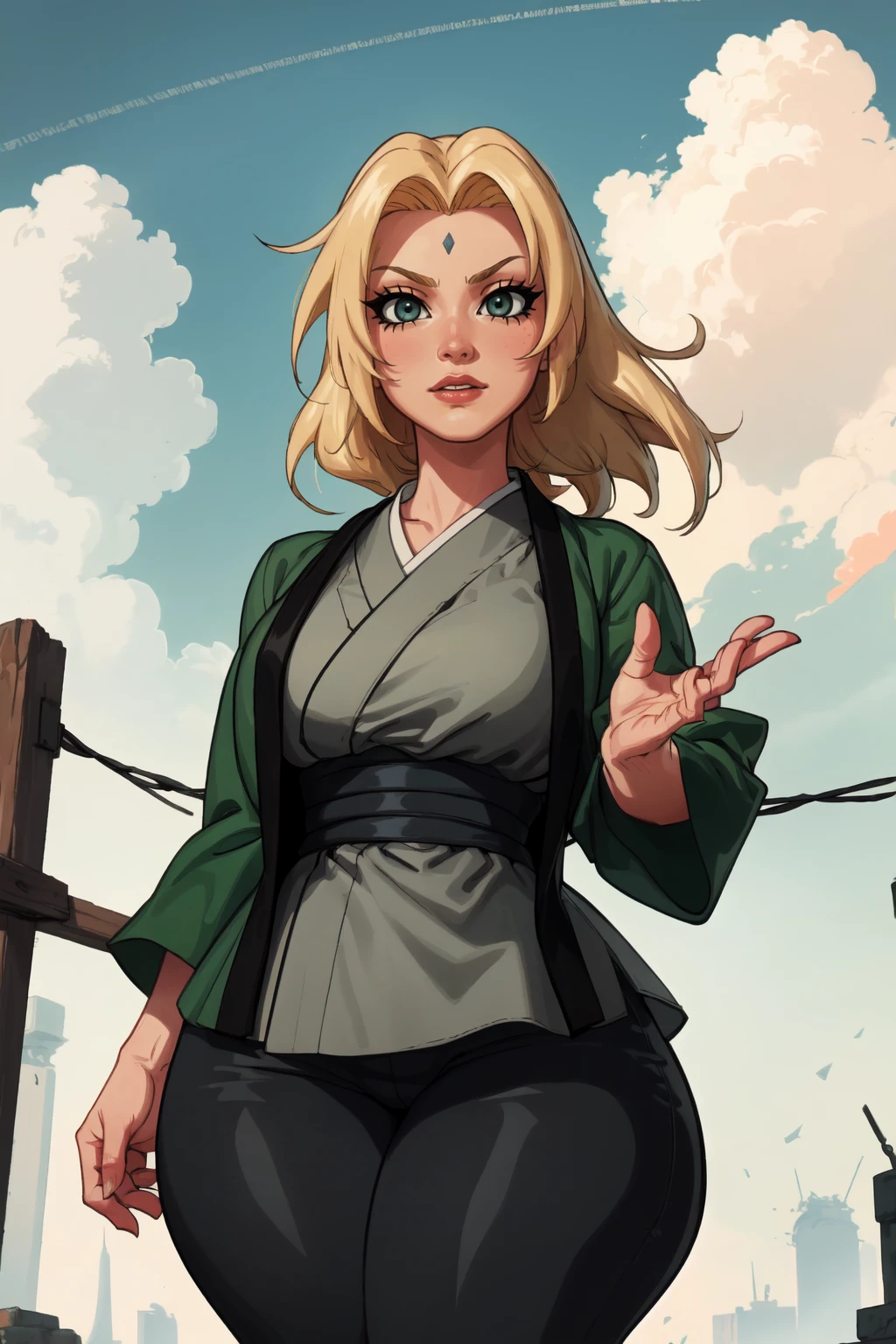 1girl, (solo:1.2), (cowboy shot:1.2), (looking at viewer:1.3)
<lora:Tsunade [justTNP - v1.0]:1> tsunadedef, forehead mark, japanese clothes, green haori, grey kimono, sash, pants, blonde hair, blue eyes, huge breasts, (curvy), mature female
BREAK <lora:TangoBat [MockAi - v1.0]:0.85> tangobat, semi-traditional artstyle, (western artstyle), (vibrant colors:1.2), vivid
BREAK intricate details, (masterpiece:1.3), (best quality:1.3), (perfect anatomy:1.4) BREAK, (beautiful white clouds:1.3), puffy clouds, white sky