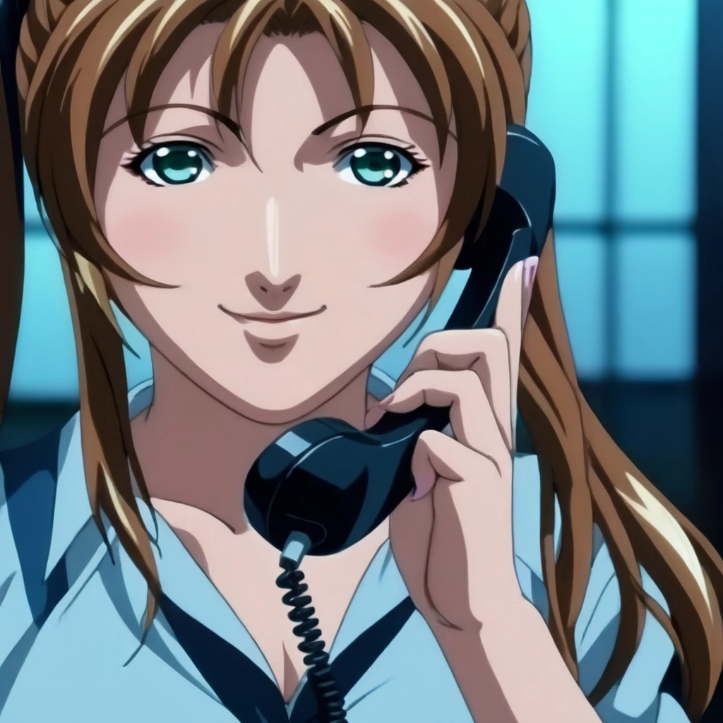 cinematic film still of  <lora:Kurumi Imari:1.5>
Kurumi Imari a woman talking on a corded wired phone with a smile Anime Manga Girl, shallow depth of field, vignette, highly detailed, high budget, bokeh, cinemascope, moody, epic, gorgeous, film grain, grainy