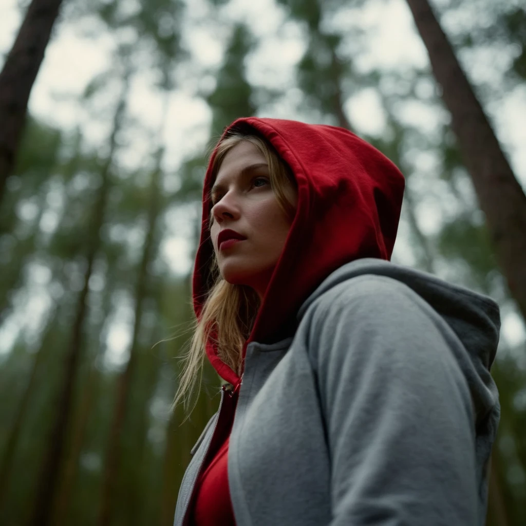 cinematic film still of <lora:Little Red Riding Hood style:1>
In The Woods Low angle view from below a woman in a hoodie posing naked Full Shot Little Red Riding Hood Style, shallow depth of field, vignette, highly detailed, high budget, bokeh, cinemascope, moody, epic, gorgeous, film grain, grainy