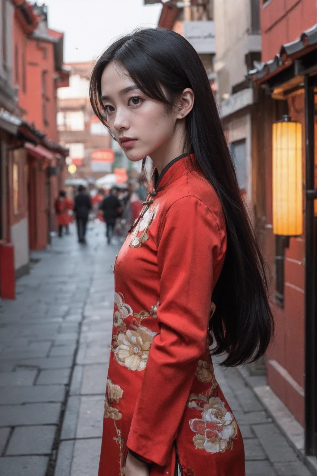 (best quality:1.4),(masterpiece:1.4),(photorealistic:1.4),(Realistic:1.2),(ultra high res, raw photo:1.4),(hdr, hyperdetailed:1.2),(8K:1.2),cinematic photo 1girl,black long hair,<lora:AgainMix_ChineseNewYearSkirt2:1>,chinese clothes,red hanfu,from side,chinese style architecture,New Year's holiday atmosphere,Firecracker,lantern,<lora:hand:0.6>,