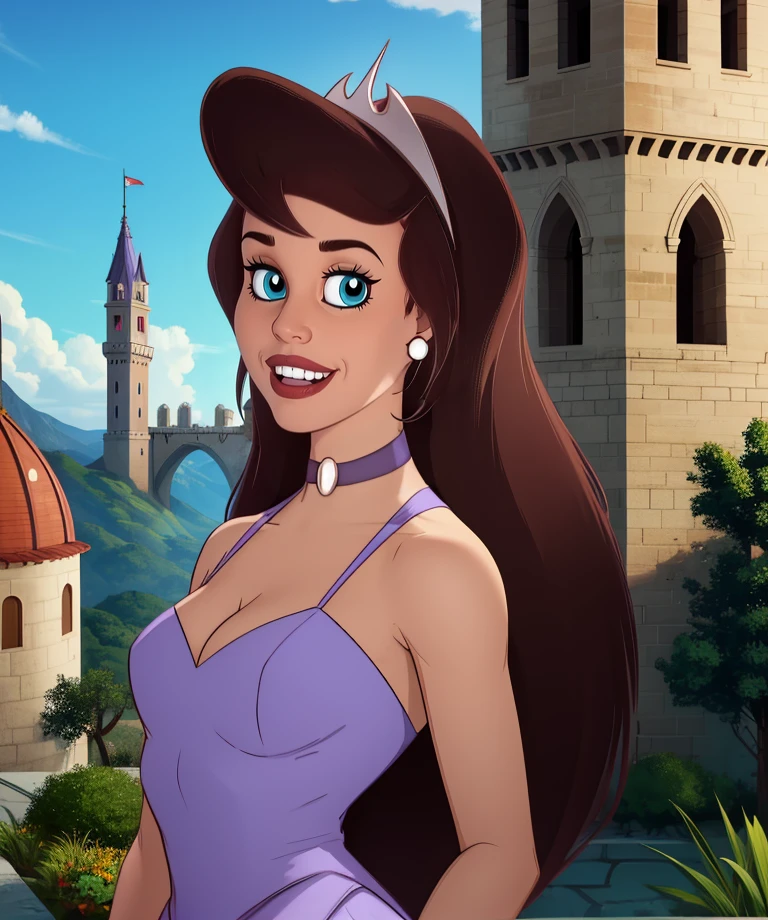 PrincessClara,long brown hair,blue eyes,lips,smile,teeth,
purple dress,tiara,cleavage,small earrings,choker,looking at viewer,
standing,hips,
outdoors,castle,
(insanely detailed, beautiful detailed face, masterpiece, best quality),solo,<lora:PrincessClara:0.8>,