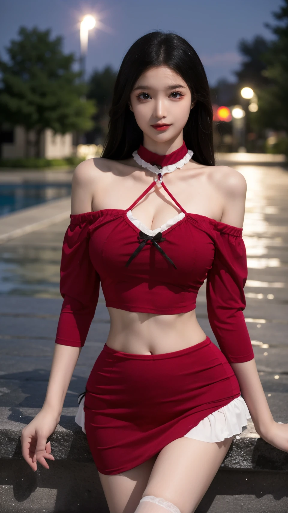 best quality,HDR,UHD,8K,Vivid Colors,solo,front mirror,photo_,(medium),cute & girly,(1girl:1.3),(standing:1.3),wet,outdoors,(evening:1.2),(looking at viewer:1.4),rc,dress,midriff,off shoulder,Elegant,Angelic,detailed gorgeous face,<lora:rc46:0.75>, rc,
