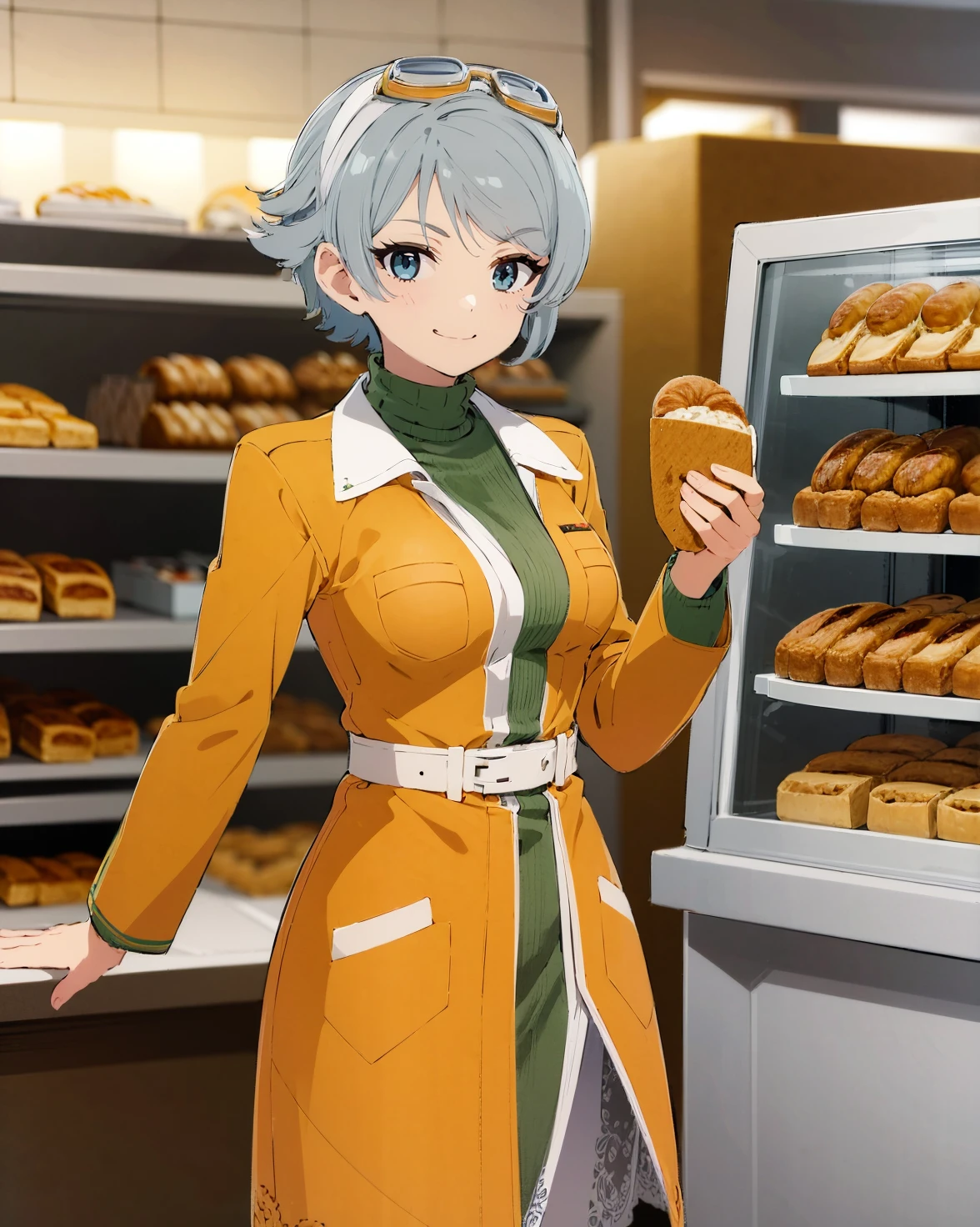 (best quality, masterpiece:1.2), illustration, absurdres, <lora:animemix_16:0.7>, <lora:clearcolor_v1.7_lbw:0.4>, <lora:boldline:-1>
(1girl, solo, beautiful detailed girl), cowboy shot,
<lora:GraceV2:0.9>, Grace Lynn, grey hair, short hair, blue eyes, medium breasts,
goggles, goggles on head, yellow coat, green sweater, white pantyhose, brown boots,
looking at viewer, happy, smug, smile,
((inside intricate detailed bakery)), bread, pastries, table, store, shop,