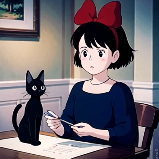 (masterpiece:1.2), best quality, masterpiece, highres, original, extremely detailed wallpaper, perfect lighting,(extremely detailed CG:1.2), drawing, paintbrush,1girl, animal, animal on shoulder, black cat, black dress, blush stickers, bow, cat, dress, gradient, gradient background, hair bow, holding, holding animal, holding cat, kiki, red bow, short hair, signature,blurry,<lora:qiqi:0.6>