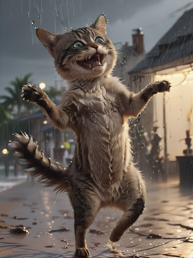nighttime, side-view, oil painting, close up shot happy stnerfx cat derp dancing in the rain, facing the camera, on a beach, sunny, deep shadows, <lora:- SDXL - stnerfx _Stoned_Fox_Style_V4.0:1>