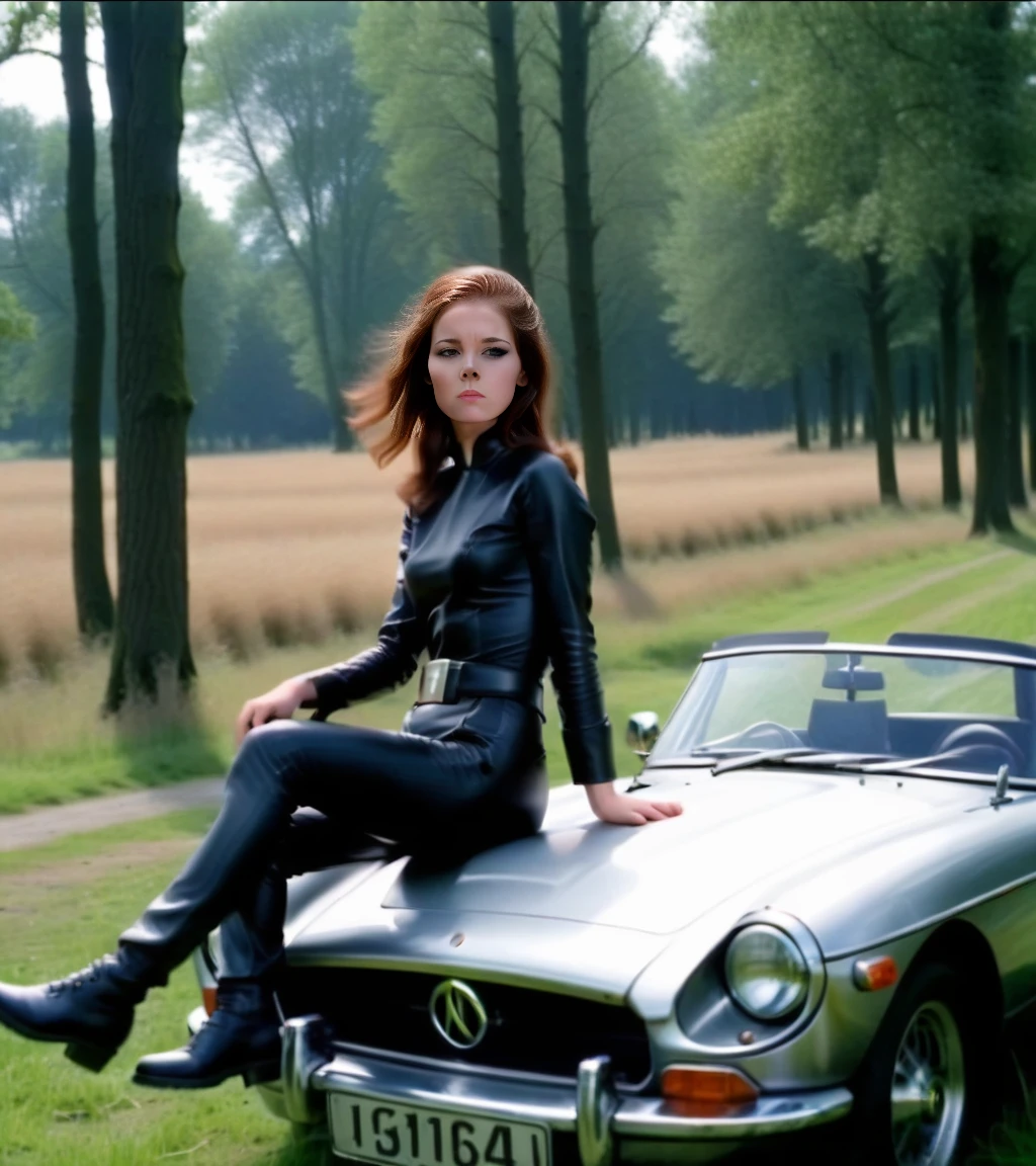 emma01, 1woman, solo, long hair, brown hair, shirt, outdoors, low grey belt, pants, tree, flat black catsuit, grass, ground vehicle, nature, motor vehicle, forest, realistic, mgb car, <lora:EmmaXL-02:1>
