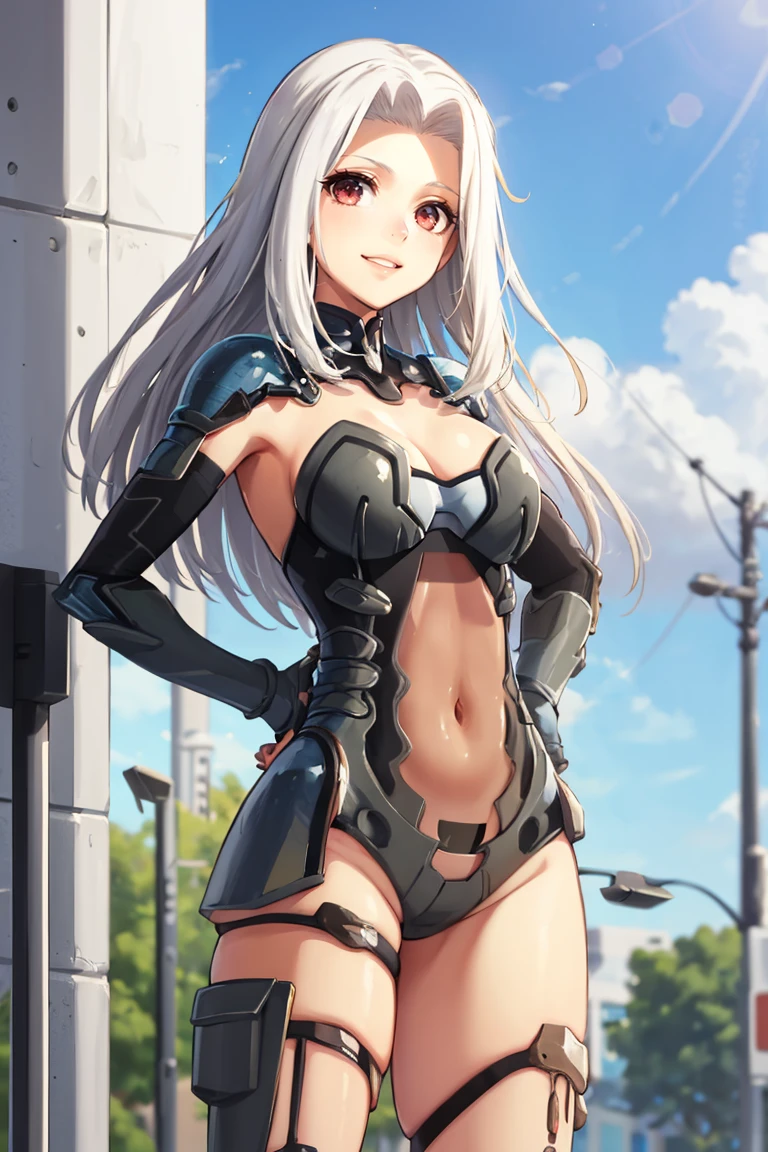 masterpiece, best quality, absurdres, 1girl, solo, AntiSpiritArmor, smile, <lora:CONCEPT-AntiSpiritArmor:1>, <lora:CHAR-Irisviel:0.8> Irisviel von Einzbern, long hair, outdoors, hands on hips, curvy