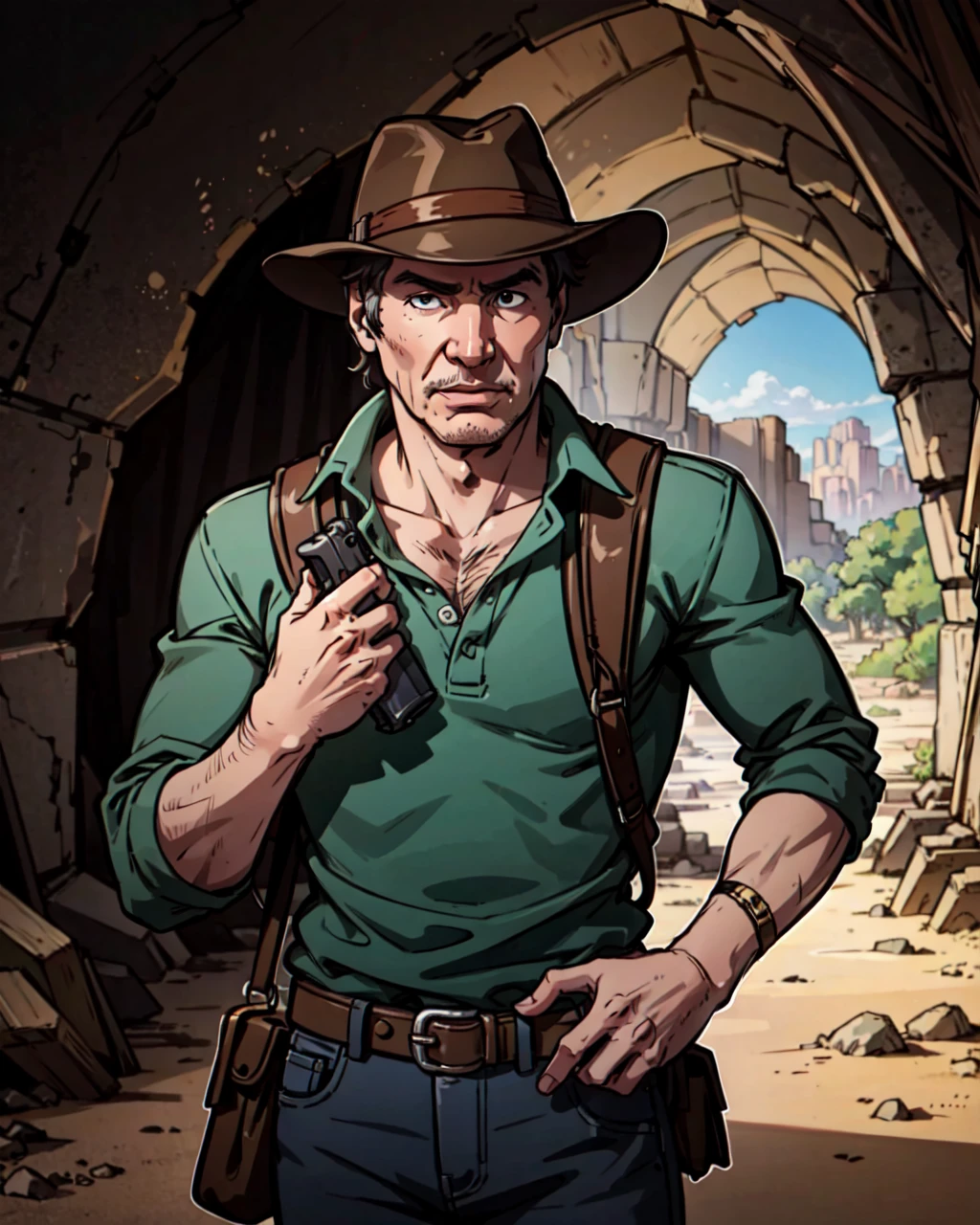 1boy, male focus, indiana jones, harrison ford, adventurer, desert, cave, aged down, brown hair, chest hair, stubble, arm hair, fedora, dirty clothes, messenger bag, handgun, holding gun, realistic, (photorealistic:1.1), (lineart:0.8), (black outline:0.4), (thick outlines:0.5)