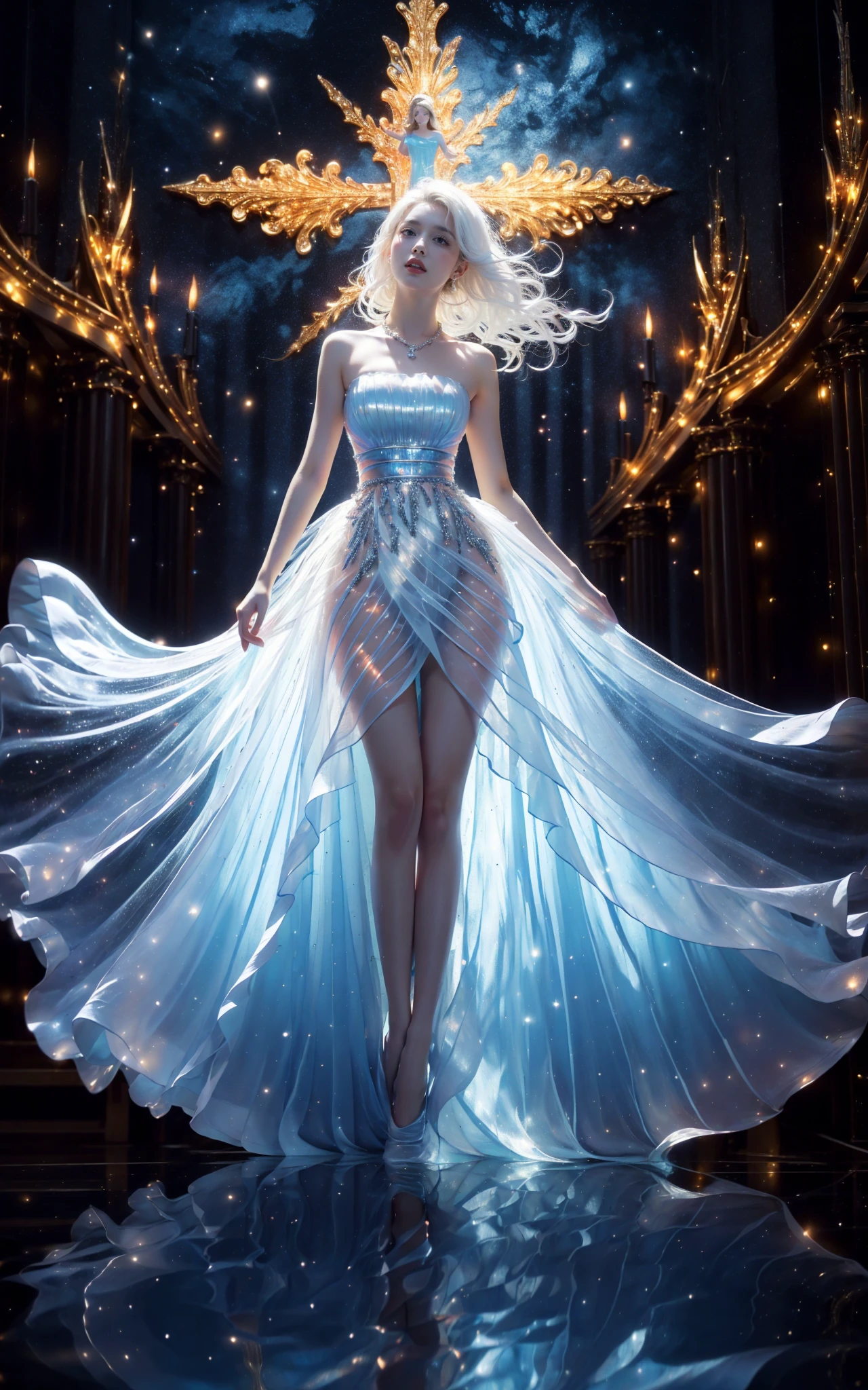 ((masterpiece))), (((best quality))), ((extremely delicate and beautiful))(Church background:1.4)
Epic CG masterpiece, hdr,dtm, full ha,8K, ultra detailed graphic tension, dynamic poses, stunning colors, 3D rendering, surrealism, cinematic lighting effects, realism, 00 renderer, super realistic, full - body photos, super vista, super wide Angle, HD
glowwave1girlsolo(white hair:1.3)see throughnightskystarsparkle
bare shouldersstrapless dressfull body (blue Transparent dress:1.4), (Detailed clothes description),
jewelrybraceletglowingnecklace(reflection:1.3) (Milky skin:1.2), (shiny skin:1.4)
A shot with tension(sky glows red,Visual impact,giving the poster a dynamic and visually striking appearance:1.2),,impactful picture,
stockings,high_heels, <lora:~Q?-mAQI glowwave:0.8>
