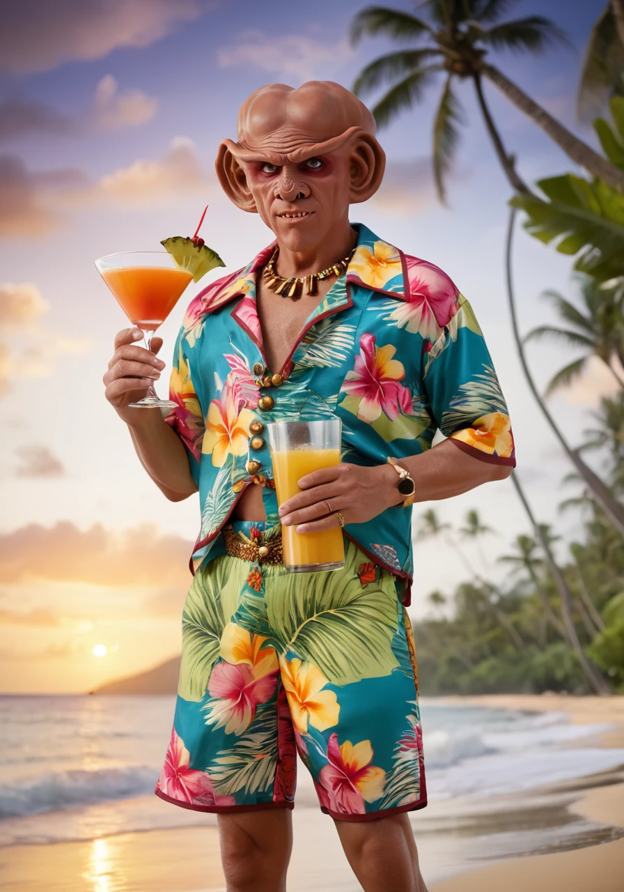 professional photography, quark man wearing a colorful hawaii shirt and shorts, holding exotic cocktail in his hand, tropical setting, beach, highly intricate, extremely detailed, big depth of field, cinematic lighting, stunning, breathttaking. <lora:Quark-Man-SDXL:1>