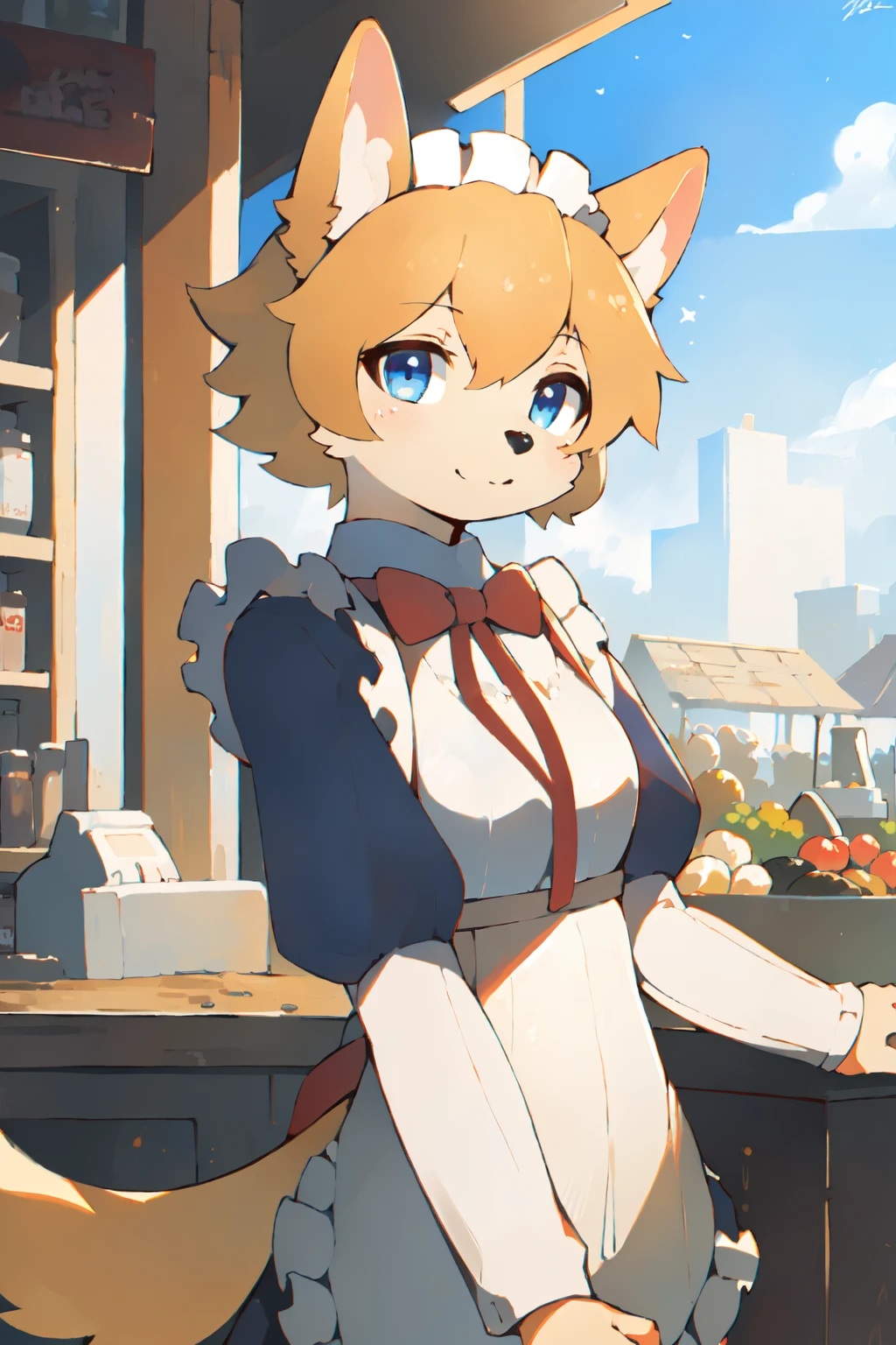 floSR, 1girl, solo, dog girl, furry female, (kemono, furry:1.2), :3, blue eyes, masterpiece, straight-on, looking at viewer, cropped torso, (best quality, masterpiece, illustration, ultra-detailed:1.3), detailed eyes, wide angle, animal ears, upper body, shiny hair, medium breasts, arms on counter, animal nose, tail, blonde hair, short hair, maid, maid headdress, maid apron, frills, red bow, ribbon, puffy sleeves, detailed background, outdoors, outside market, behind counter, day, 8k, hdr <lora:floSR:1>