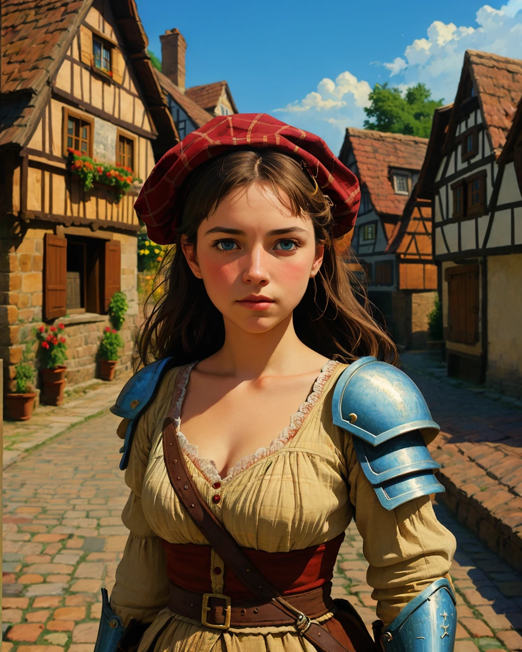 best quality,masterpiece,highly detailed,ultra-detailed, <lora:neg4all_bdsqlsz_V3.5:-1>,1girl, (Pauldrons),An armor made of shoulder armor
(medieval Germany village market), <lora:de-anime-er_v10:-0.2>
<lora:German_architecture_last:1> <lora:medieval_last:1> <lora:Flat_Design_last:1> <lora:disarrayhair_last:2> <lora:soft_last:0.75>, extremely detailed eyes, fantastic details full face, mouth, trending on artstation, pixiv, cgsociety, hyperdetailed Unreal Engine 4k 8k ultra HD,, Portrait Photography Style, expressive, emotive, intimate, by Annie Leibovitz, Richard Avedon, Steve McCurry