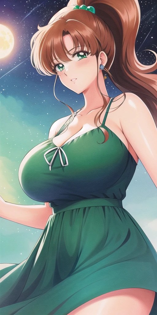 <lora:MakotoV1:0.7> kino_makoto, huge_breasts, standing, solo, sundress, starry_sky,, masterpiece, best quality, detailed face, detailed eyes, highres,