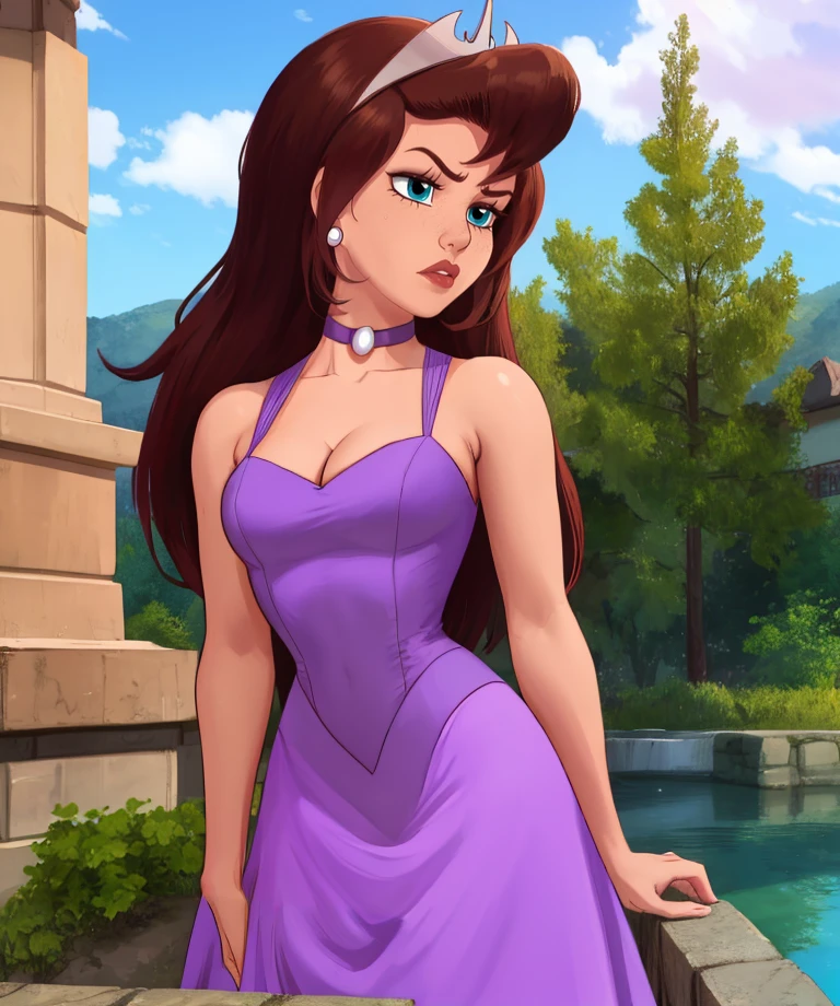 PrincessClara,long brown hair,blue eyes,solo,solo,lips,serious,
purple dress,tiara,cleavage,small earrings,choker,
standing,hips,
outdoors,
(insanely detailed, beautiful detailed face, masterpiece, best quality),<lora:PrincessClara:0.8>,