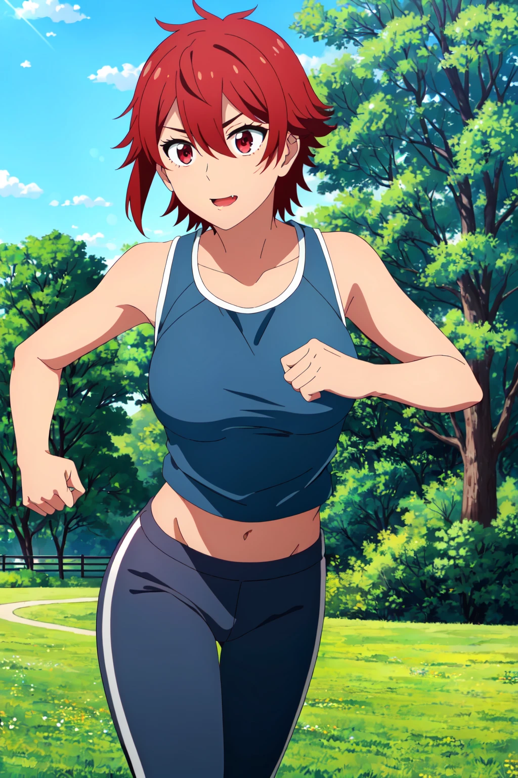 ((best quality)),((highly detailed)),masterpiece,absurdres,detailed face,beautiful face,(detailed eyes, deep eyes),1girl,((dynamic pose)), <lora:TomoV1:0.6>, Tomo, red hair, red eyes, fang, short hair, hair between eyes, bangs, breasts, large breasts, navel, collarbone, cowboy shot, outdoor run, gym clothes (leggings, tank top), brisk running pace, scenic trail, lush greenery, morning sunlight, determined stride, upbeat tempo, active lifestyle, fresh air, detailed face, invigorating workout,
