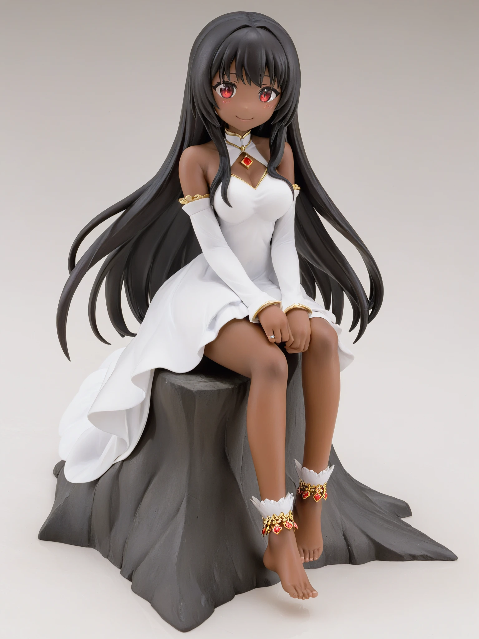 pvc,1girl, solo, long hair, barefoot, dark skin, dark-skinned female, black hair, anklet, red eyes, yokozuwari, dress, sitting, white background, jewelry, smile, simple background, very long hair, looking at viewer, detached sleeves, bridal gauntlets, full body, bare shoulders, bare legs, white dress, flat chest, halterneck