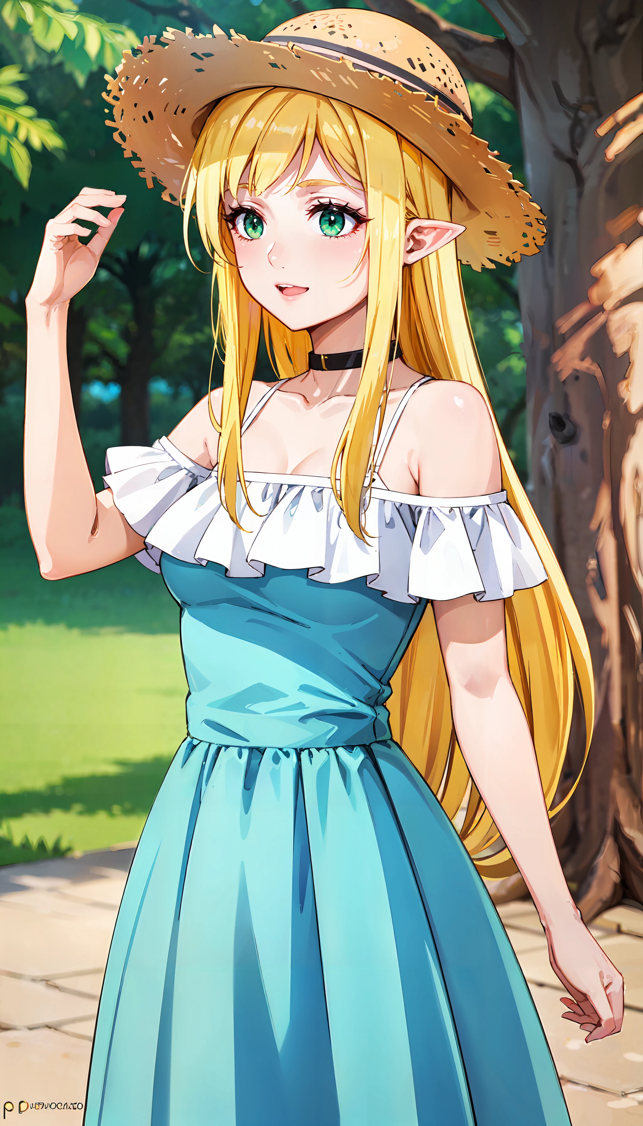 photorealistic, (4k), depth of field, (Masterpiece), (realistic skin texture), extremely detailed, intricate, hyper detailed, professional photography, bokeh, high resolution, sharp detail, best quality, girl, <lora:Efil-000004:0.7> , light blue dress, long dress, long hair, blonde hair, black choker, green eyes, straw hat, elf ears, bare shoulders,  beckoning,  <lora:GoodHands-vanilla:0.8> , <lora:detail_slider_v4:0.8> , outdoors, light rays, summer, park, shade,