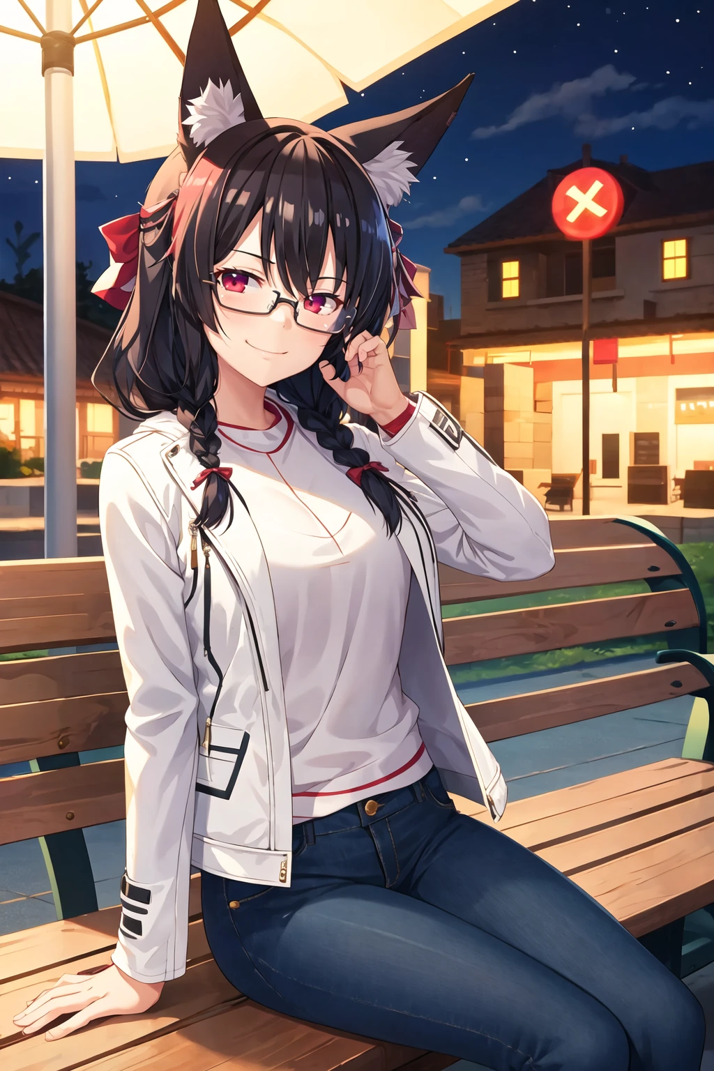 1girl, solo, sidelocks, twinbraids, (black hair), red eyes, smug, smirk, glasses, sitting, bench, partk, at night, long hair, white sweater, (leather jacket), (white jacket:1.2), fox girl, fox ears, fox tail, jeans, black tail, <lora:Hinata-nao_912704:1>