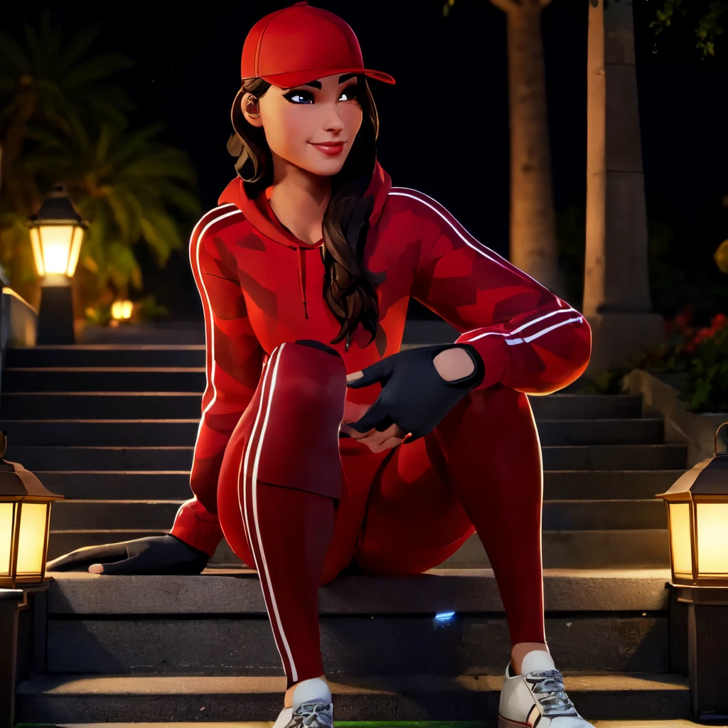 ((upper body:1.2, sitting stairs, at night, lantern light, cute sexy smile, view from side, looking at viewer )) <lora:RubyLoRA:0.9> ruby, red cap, red outfit, red pants, gloves, black gloves, white shoes, beautiful eyes, beautiful girl, high detail skin, high detail eyes, high detail hair, highres, ultra detailed, sharpen picture, Highly detailed, masterpiece, best quality, photorealistic,