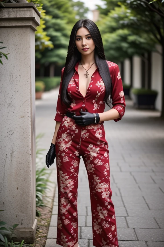 1woman, long hair, realistic, masterpiece, high detailed skin, looking at viewer, outdoor view, solo, full body shot
<lora:Floral_Pant_Shirt_By_Stable_Yogi:1> red floral shirt, cross necklace, cleavage, black gloves, floral pattern, partially unbuttoned, floral pants