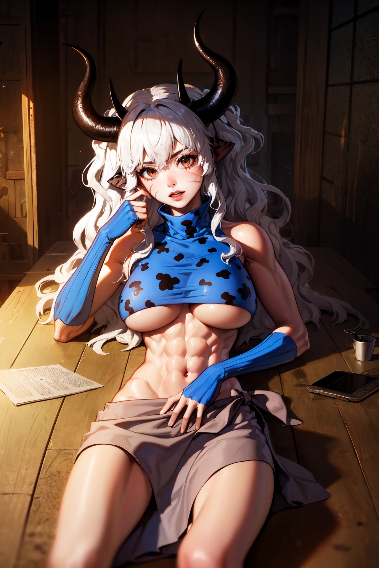 (best quality), indoors, sitting, leaning back, 1girl, solo, KingUma, brown eyes, cow girl, horns, long hair, scar on cheek, large breasts, <lora:OxenKingUma_V1-Manityo-AdamW:1.0>, toned, abs, biceps, looking at viewer, turtleneck, blue crop top, underboob, cow print, bare shoulders, blue gloves, brown sarong, navel, midriff