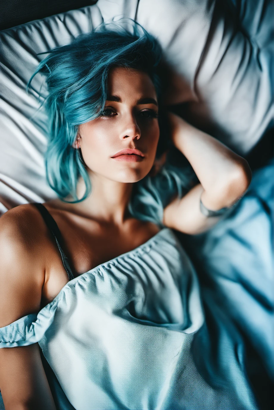 CindyR, woman, teen, half body shoot,Woman, toes, cute, upset, blush, barefoot, view_from_above, blue hair, lying in bed. <lora:lora:0.8>