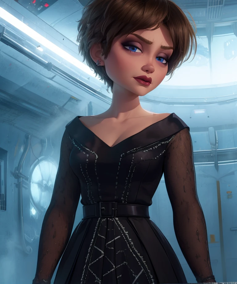 Evelyn,short brown hair,makeup,eyes half open,upper body,looking at viewer,black dress with white line,long sleeves,collarbone,dress skirt,
(insanely detailed, beautiful detailed face, masterpiece, best quality) cinematic lighting,<lora:Evelyn:0.8>,
