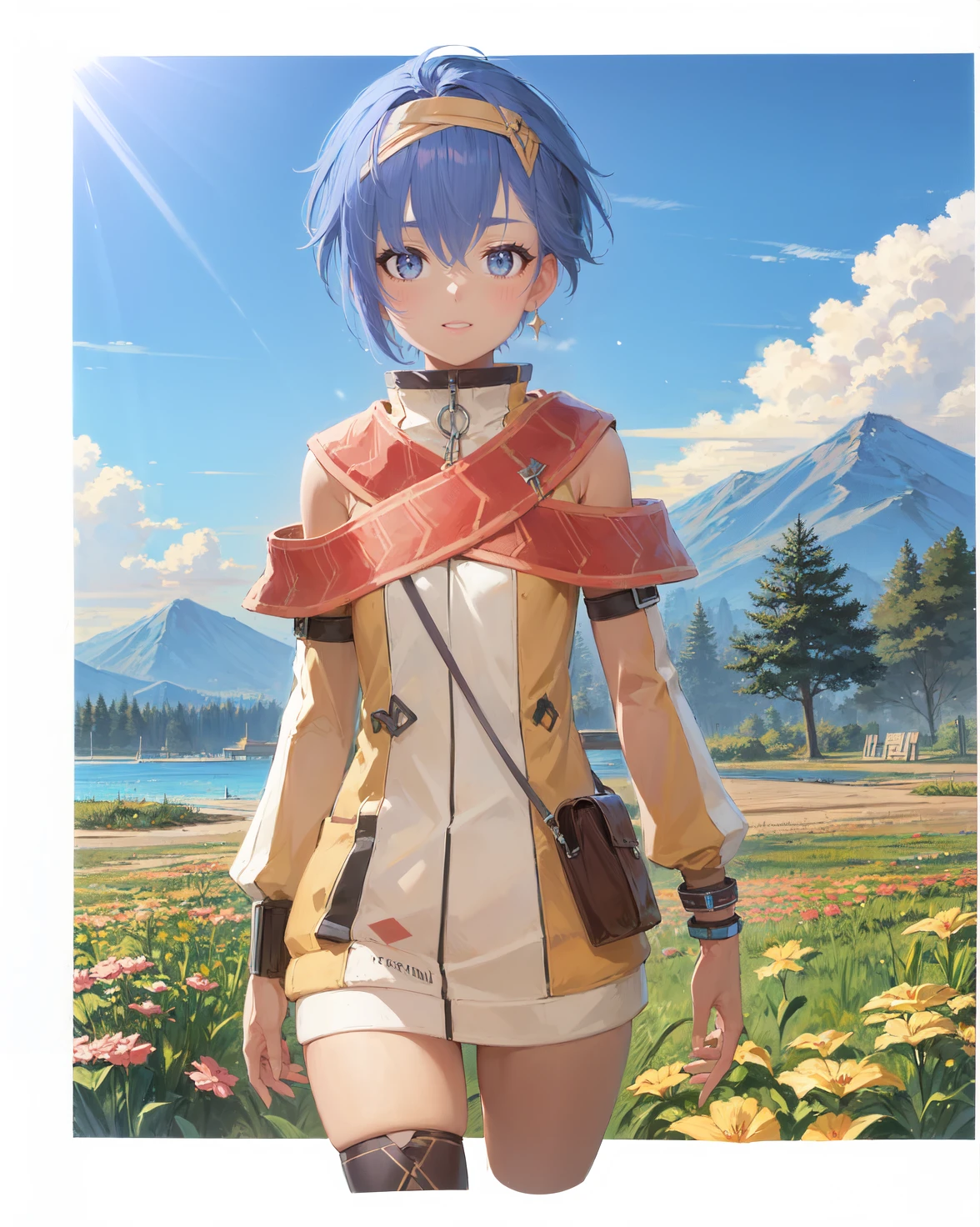 best quality, (masterpiece:1.2), illustration, absurdres, <lora:flat2:0.5>, <lora:hairdetailer:0.5>, <lora:boldline:-1.4>, <lora:clearcolor_v1.7_lbw:0.7>,
(1girl, solo, beautiful detailed girl), cowboy shot,
<lora:FeriV2-000013:1>, Feri Al-Fayed, blue eyes, blue hair, short hair, dark skin, dark-skinned female, small breasts,
headband, single earring,
pendant, yellow dress, red sash, detached sleeves, bracelet, asymmetrical legwear, sandals,
looking at viewer, happy,
magical forest, flowers, distant mountains, sky, clouds
