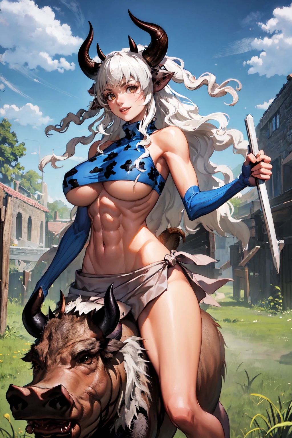 (best quality), outdoors, (riding boar:1.4), 1girl, solo, KingUma, brown eyes, cow girl, cow ears, horns, long hair, scar on cheek, large breasts, <lora:OxenKingUma_V1-Manityo-AdamW:1.0>, toned, abs, looking at viewer, smile, turtleneck, blue crop top, underboob, cow print, bare shoulders, blue gloves, brown sarong, navel, midriff